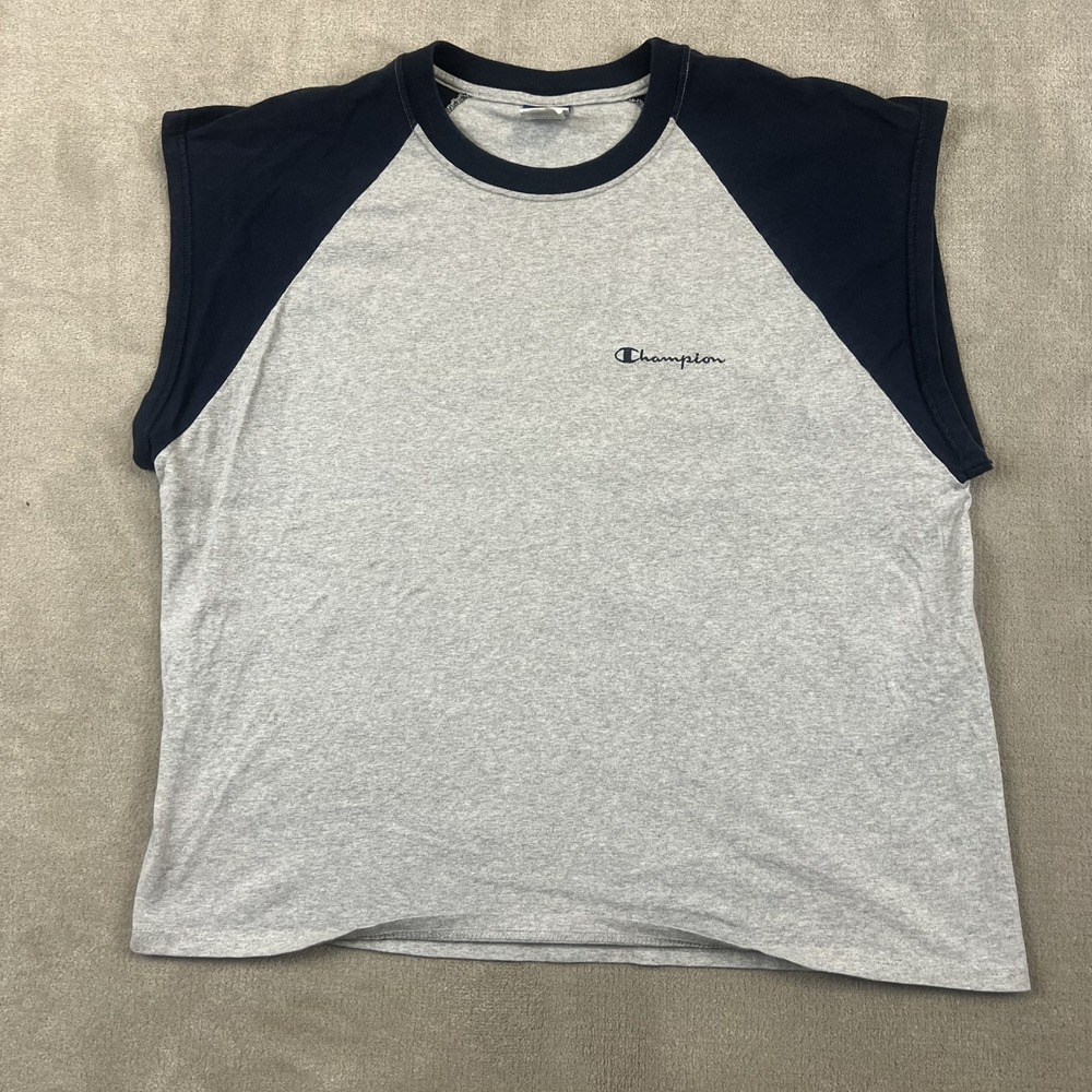 Champion Muscle Tee Mens XL Gray Navy Raglan Sleeveless Cotton Shirt Script Logo